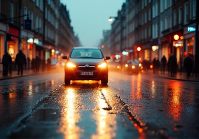 Car driving in London winter rain