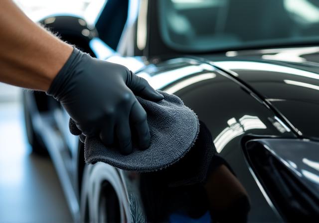 Professional detailer applying ceramic coating to a clean black vehicle